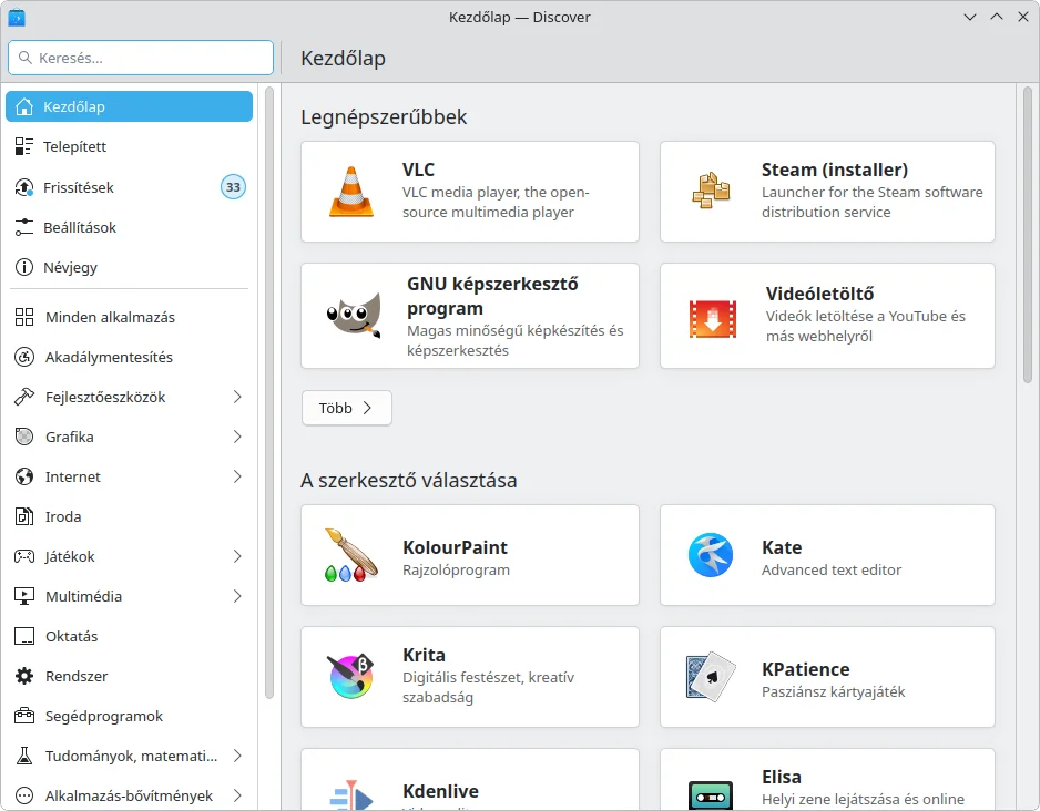 A Discover alkalmazásbolt kezdőlapja a legnépszerűbb programokkal