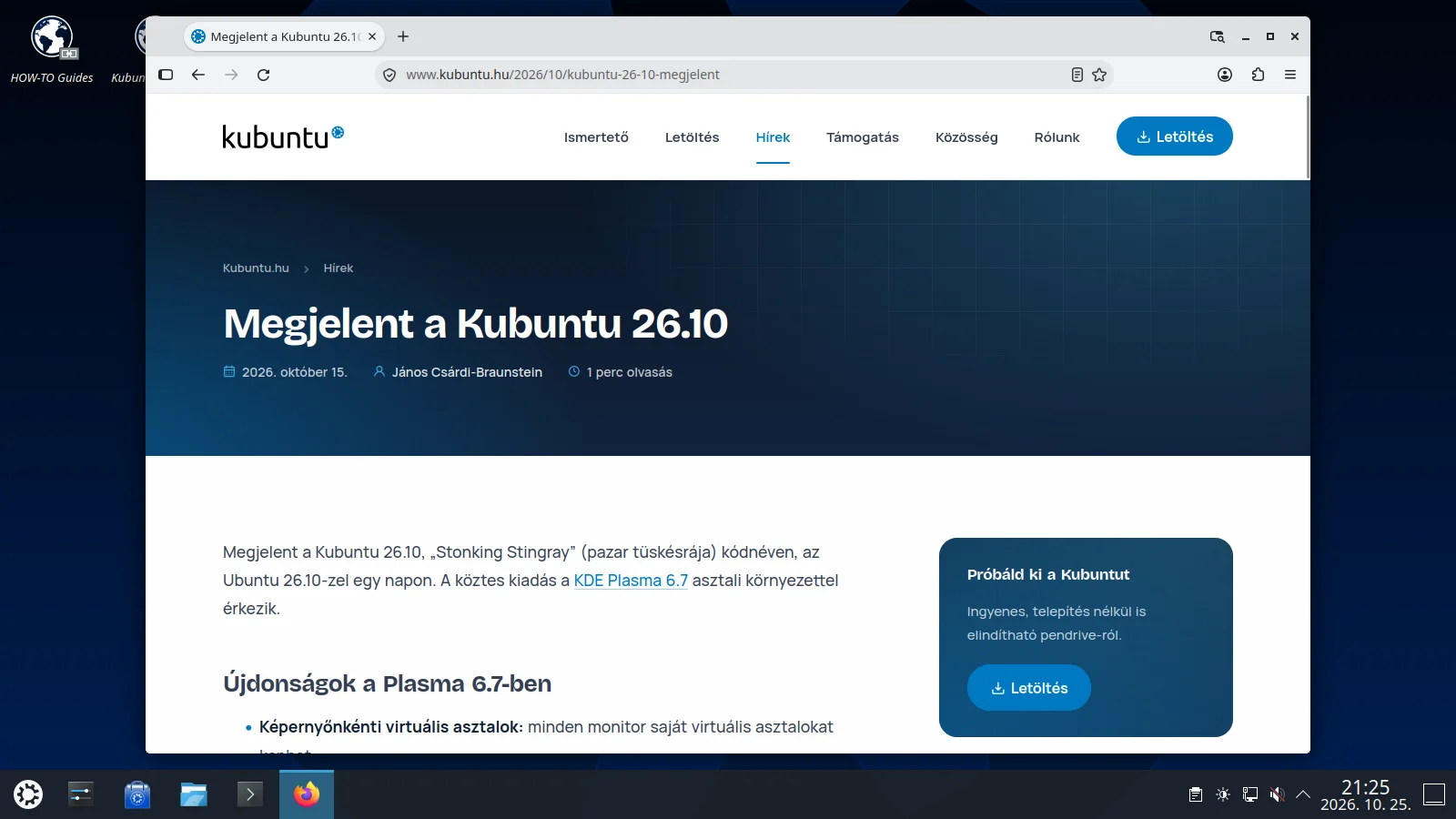 A Firefox böngésző a Kubuntu.hu egyik hírével a Kubuntu 26.10 asztalán