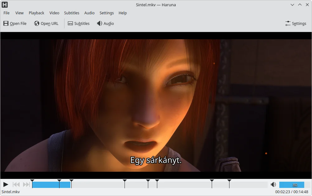 Haruna videólejátszó a Sintel című animációs filmmel, magyar felirattal