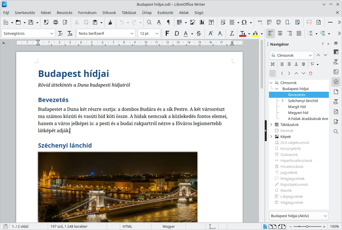 LibreOffice Writer szövegszerkesztő egy magyar dokumentummal és a Navigátor panellel