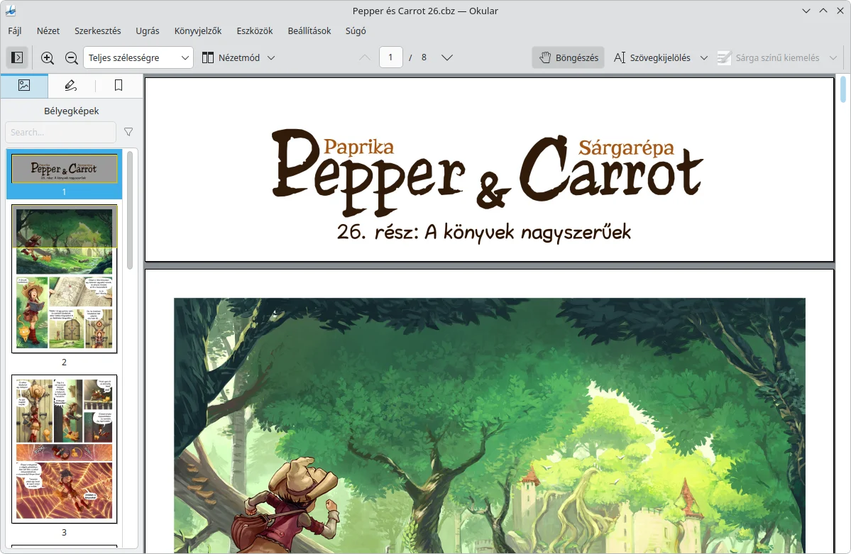 Okular dokumentumnéző a Pepper&Carrot képregény magyar kiadásával és bélyegkép-sávval